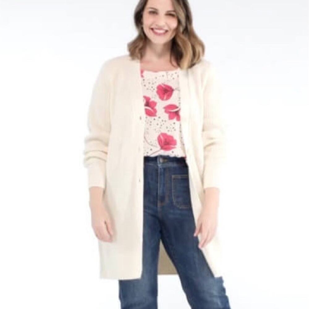 Cabi Book Club Cardigan V-Neck Button Front Longline Sweater Large Ivory 4099